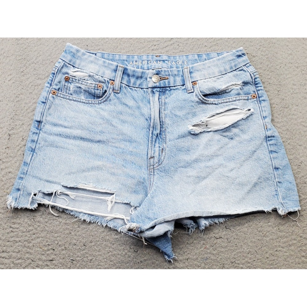 American Eagle Strigid Shorts Womens 10 Blue Denim Stretch Distressed Frayed Hem